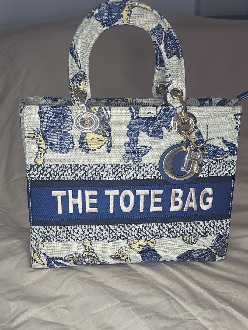 totes Floral Canvas Tote in Blue and Cream with Gold Hardware